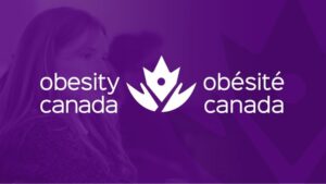 Logo of Obesity Canada, displaying the name in English and French ("obésité canada"), with a stylized design element in the center on a purple background.