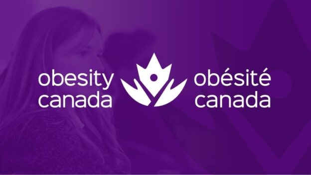 Logo of Obesity Canada, displaying the name in English and French ("obésité canada"), with a stylized design element in the center on a purple background.