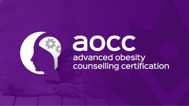 Logo with text "aocc advanced obesity counselling certification." Image features a person in a swimming pool and an abstract head with gears.