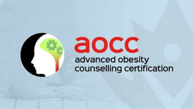 Logo of "advanced obesity counselling certification" featuring a silhouette of a head with green gears inside it on the left and the abbreviation "aocc" alongside the full title on the right.