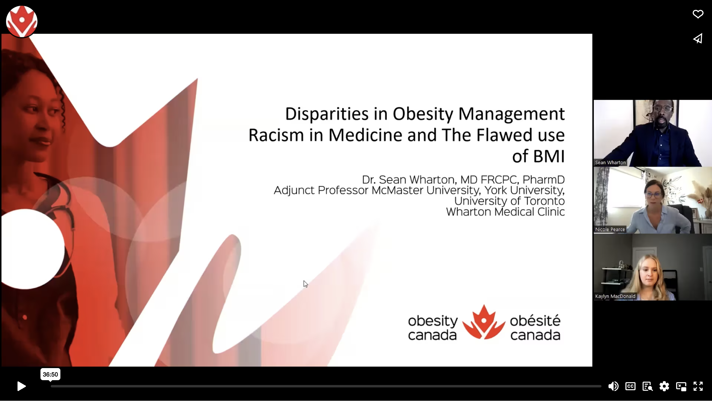 Title slide of a presentation titled "Disparities in Obesity Management: Racism in Medicine and the Flawed use of BMI" by Dr. Sean Wharton. The slide features the Obesity Canada logo and a Canadian flag design.