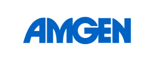 The image shows the Amgen logo with the company name in bold, blue capital letters on a white background.